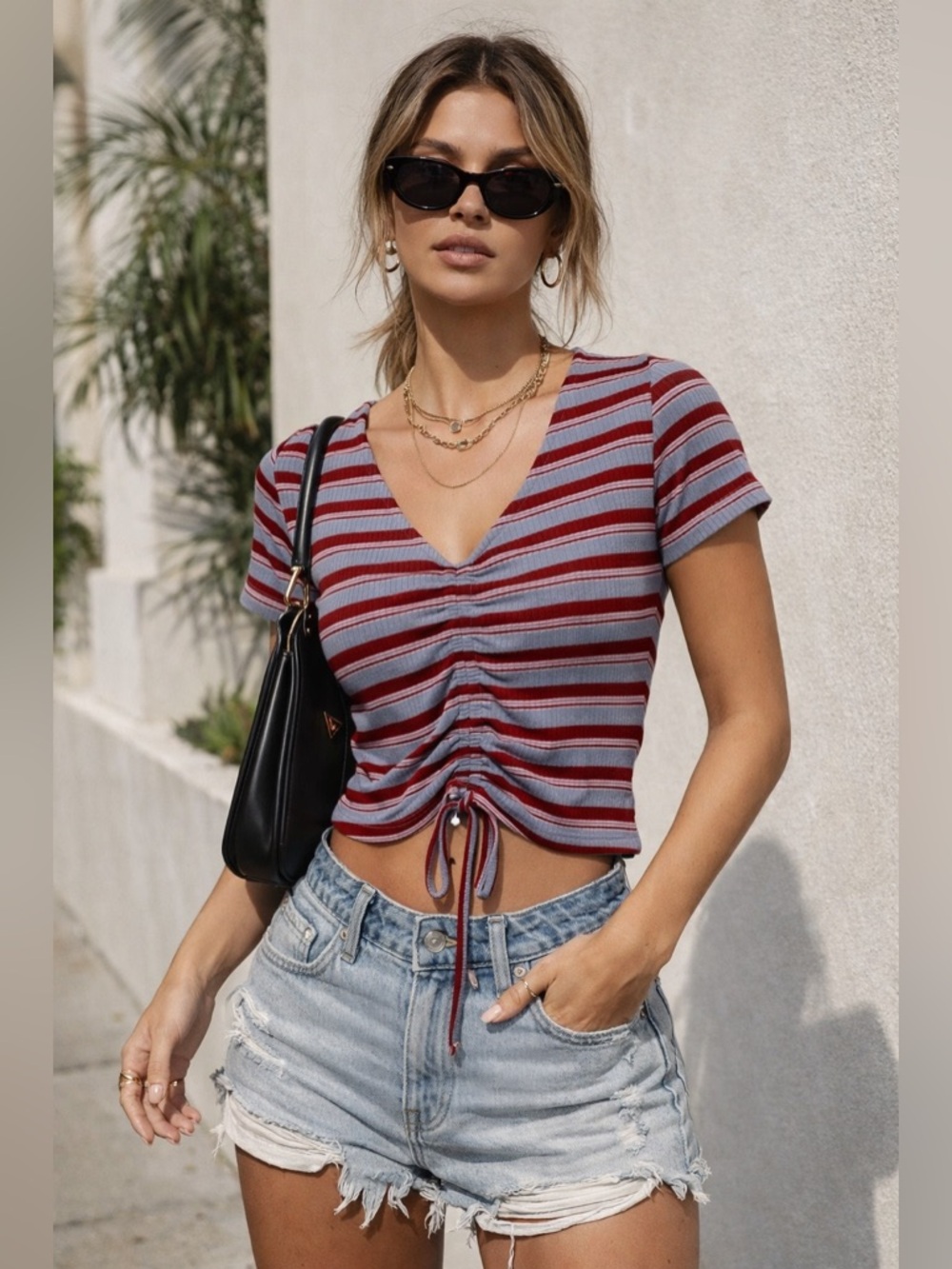 GB Fashion London Blue & Red Crop Top Fitted Striped Ruched Drawstring XS